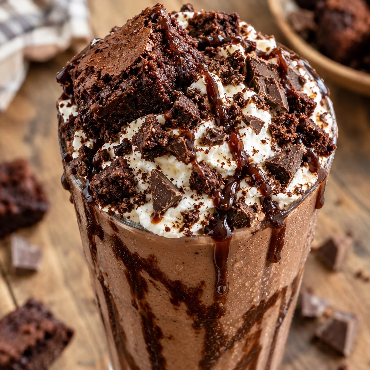 Batido de brownie cremoso y delicioso en un vaso