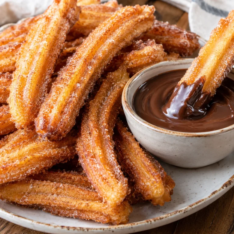 Churros caseros crujientes con azúcar y salsa de chocolate.