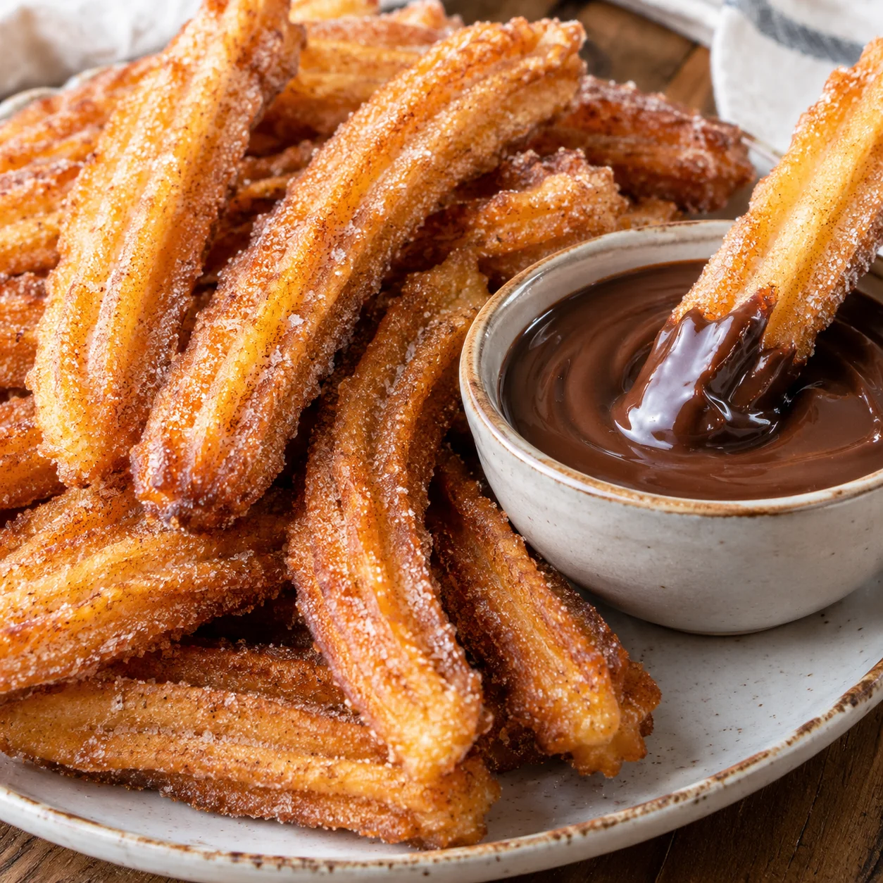 Inicio 11 Churros caseros crujientes con azúcar y salsa de chocolate.