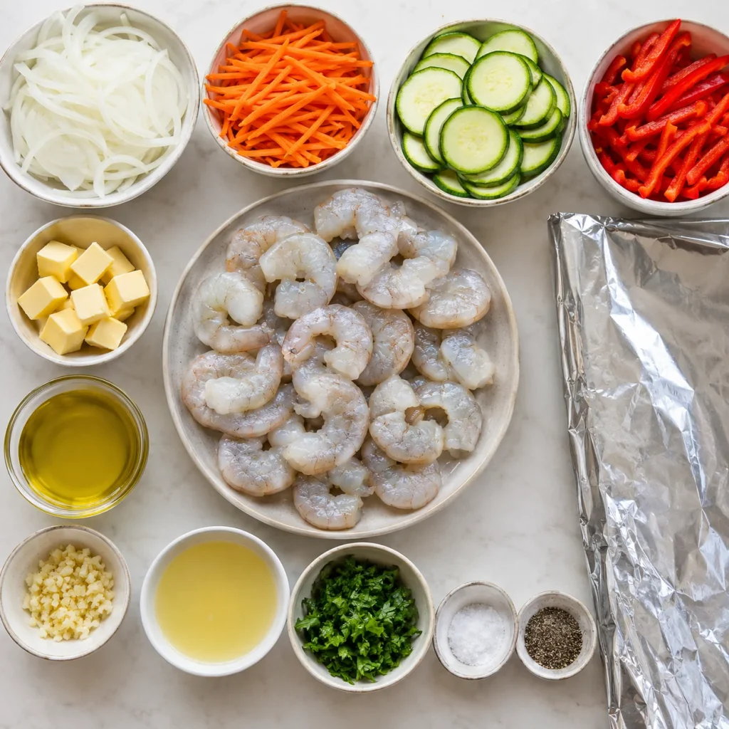Ingredientes para preparar papillote de camarones con verduras