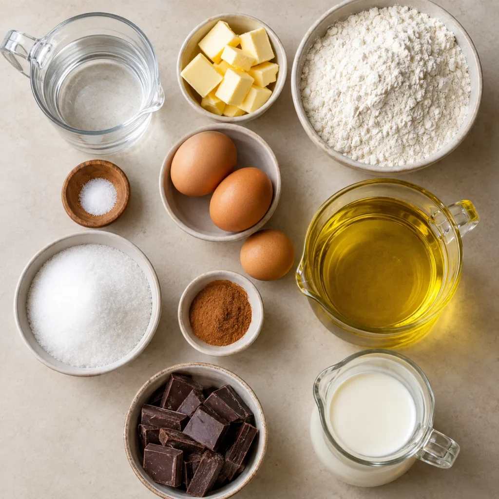 Ingredientes para preparar churros caseros con azúcar y chocolate.