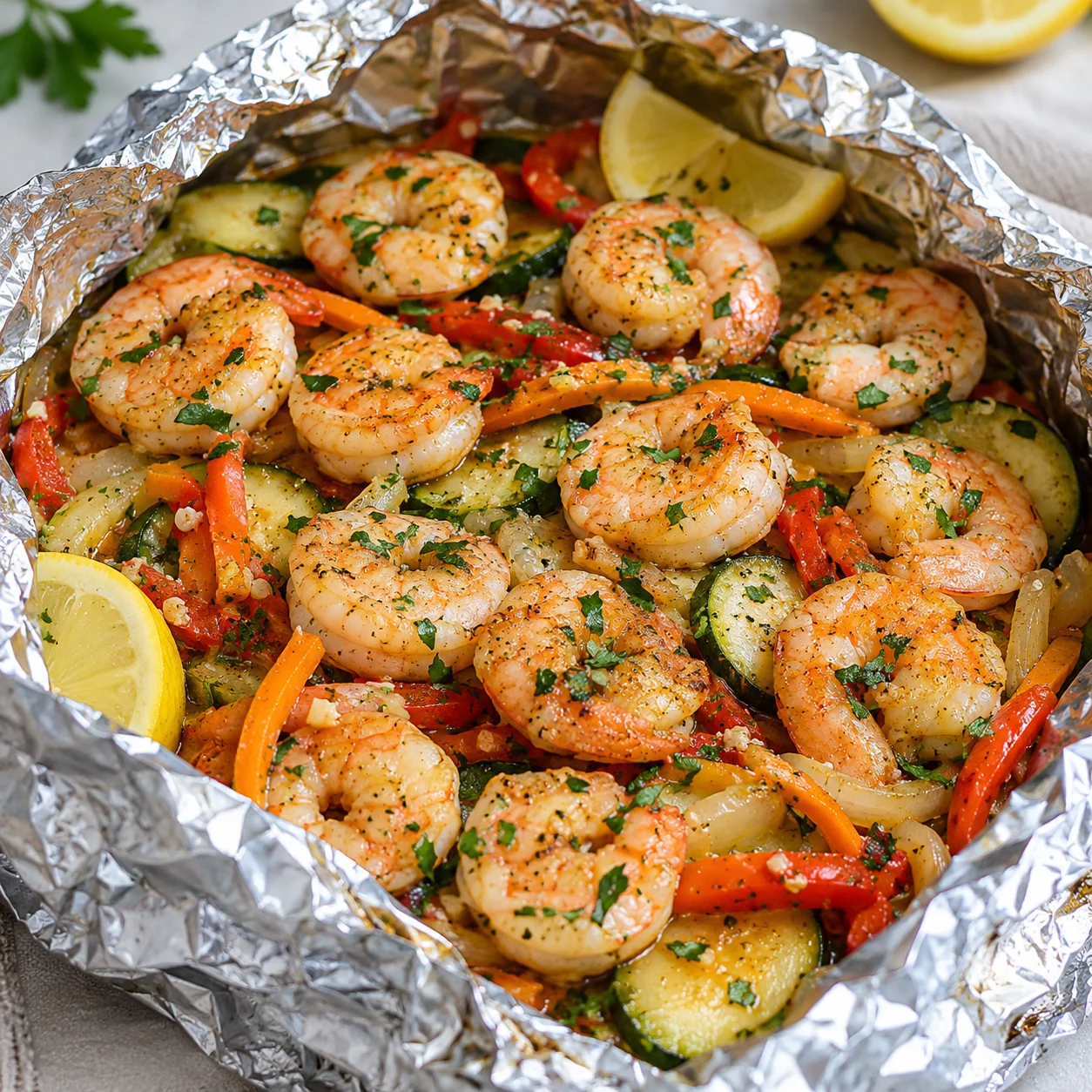 Papillote de camarones con verduras, receta fácil, jugosa y saludable