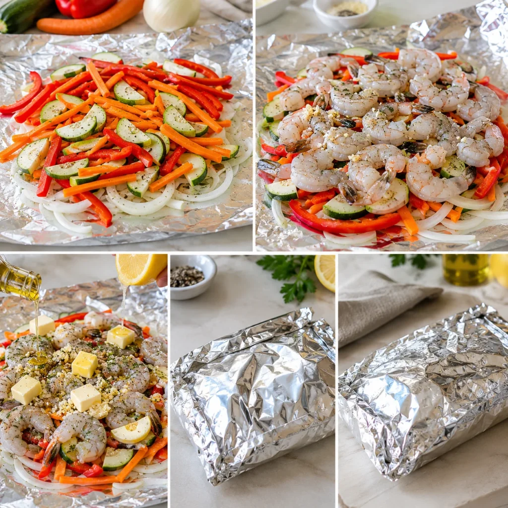 Preparación paso a paso del papillote de camarones con verduras