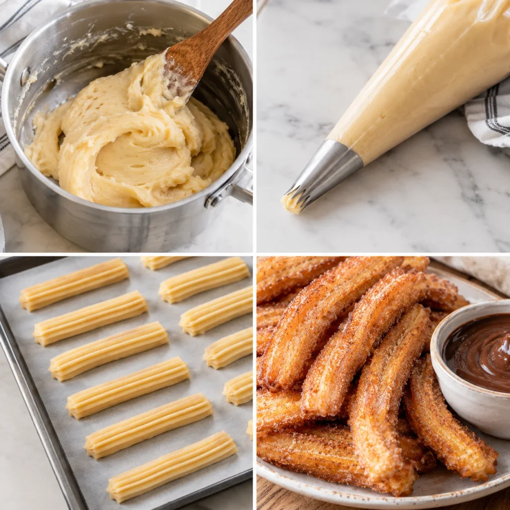 Preparación paso a paso de la masa y los churros caseros crujientes.