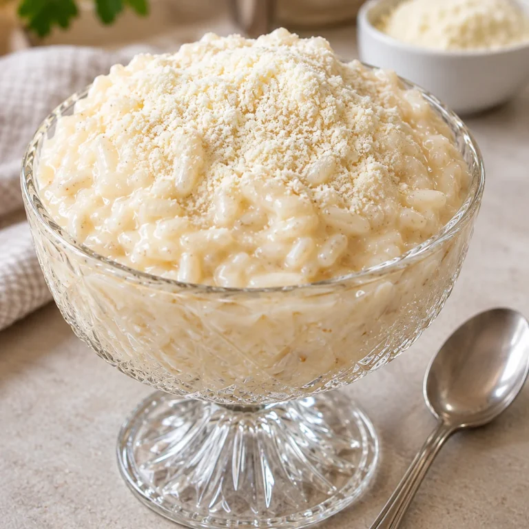 Arroz con leche más cremoso, espeso y brillante servido en una copa de cristal con leche en polvo por encima.