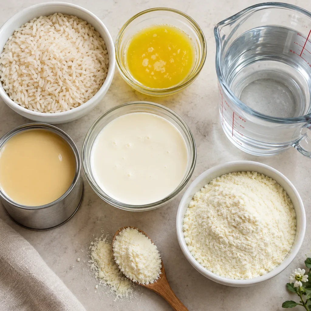 Ingredientes para preparar arroz con leche más cremoso con leche condensada, nata, mantequilla y leche en polvo.