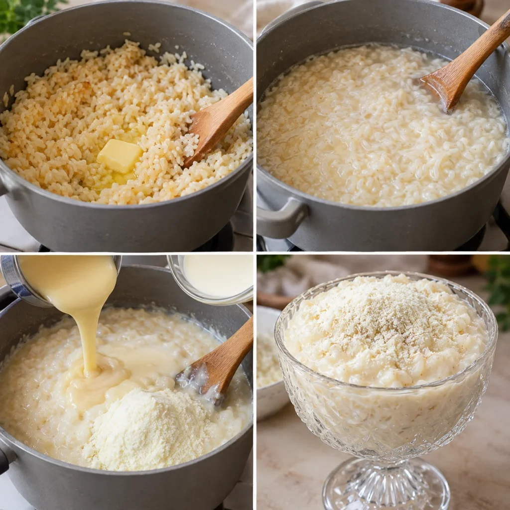 Preparación de arroz con leche más cremoso al cocinar el arroz con mantequilla y mezclarlo con leche condensada, nata y leche en polvo.