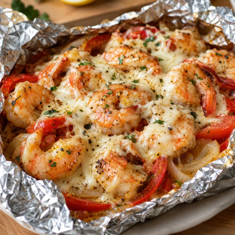 Camarones Jugosos en Papel Aluminio con Queso mozzarella derretido