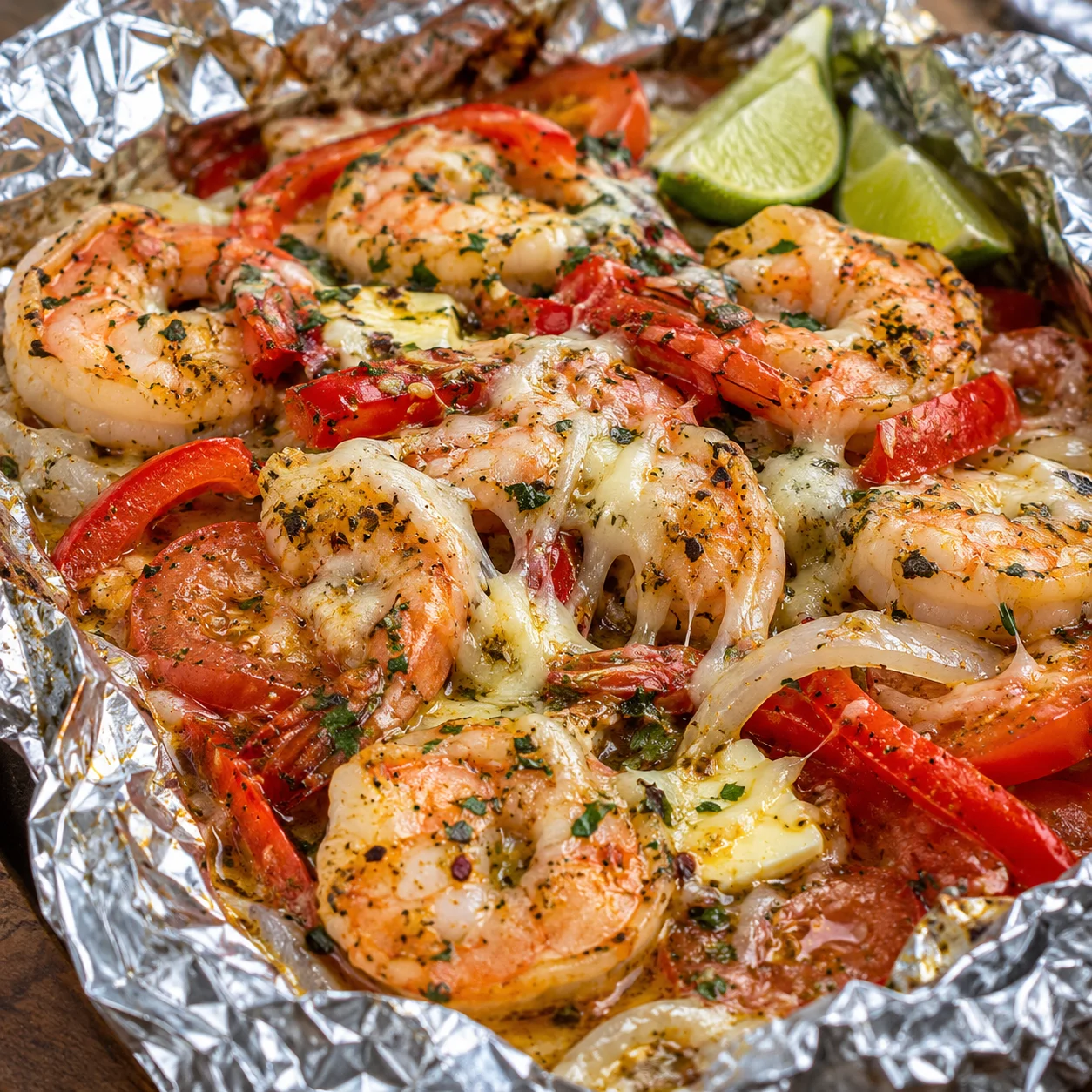 Camarones en papel aluminio con queso mozzarella derretido