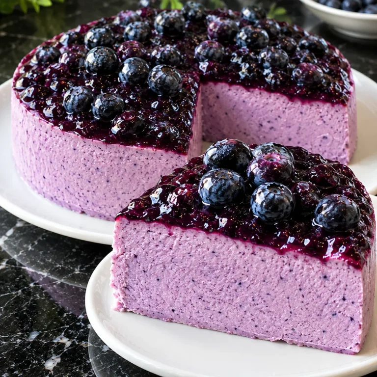 Cheesecake de arándanos cremoso sin horno con yogur griego, cobertura brillante de arándanos y una rebanada que muestra su interior suave y morado.