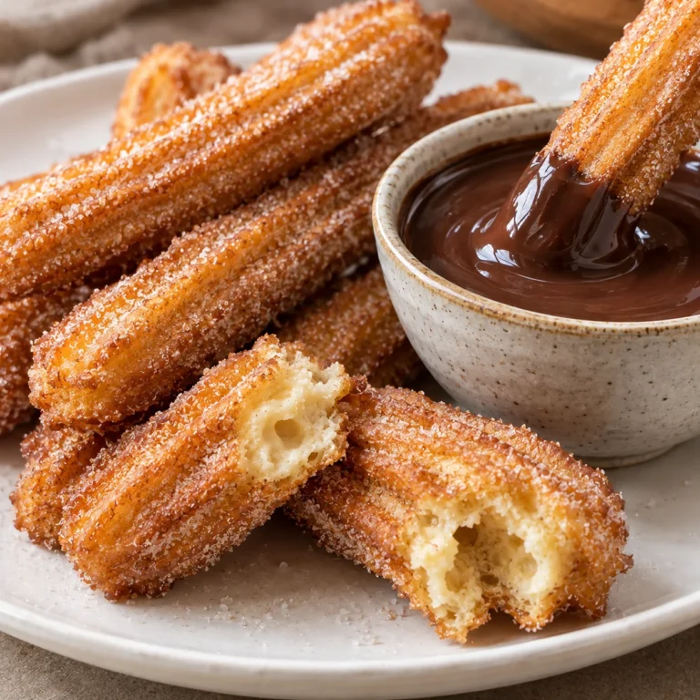 Churros cremosos con chocolate negro espeso para mojar, dorados, crujientes y rebozados en azúcar.