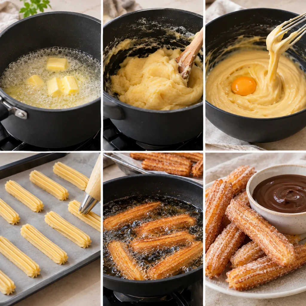 Churros Cremosos con Chocolate: Receta Casera Crujiente y Fácil 3 Preparación de churros cremosos con chocolate, desde la masa con boquilla de estrella hasta los churros dorados rebozados en azúcar con salsa de chocolate.