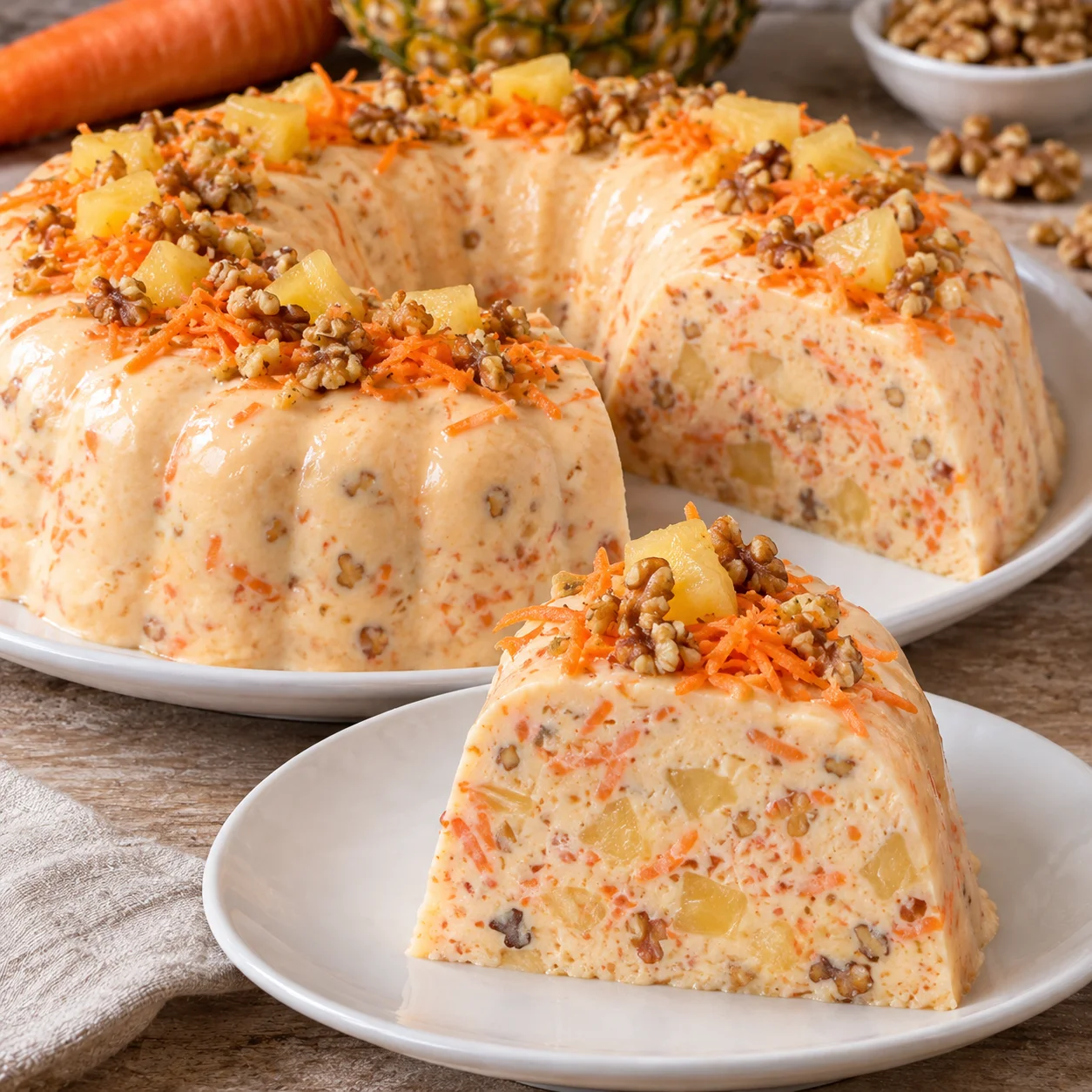 Gelatina 3 leches de zanahoria con piña y nuez, cremosa y decorada en molde de rosca
