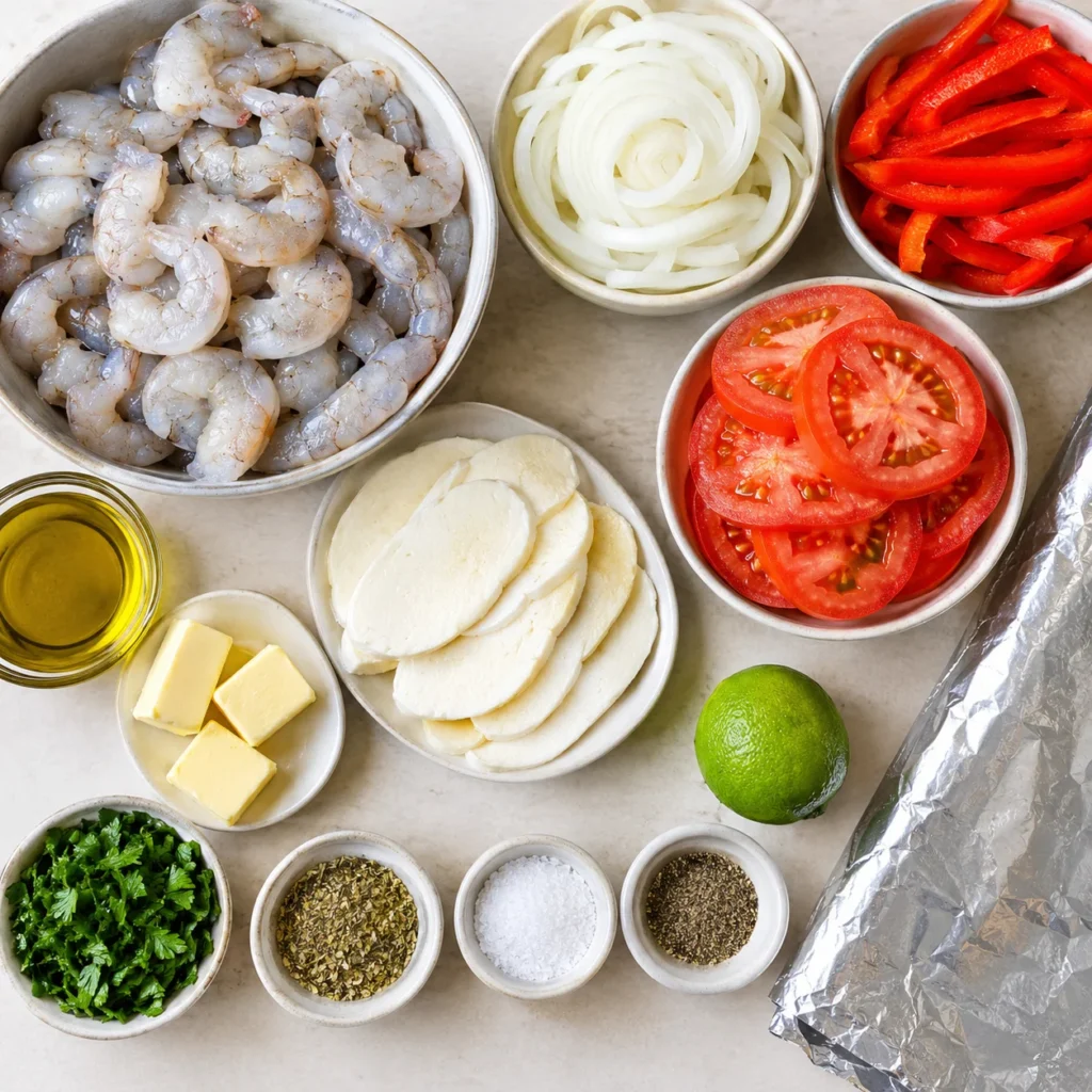 Ingredientes para camarones en papel aluminio con queso