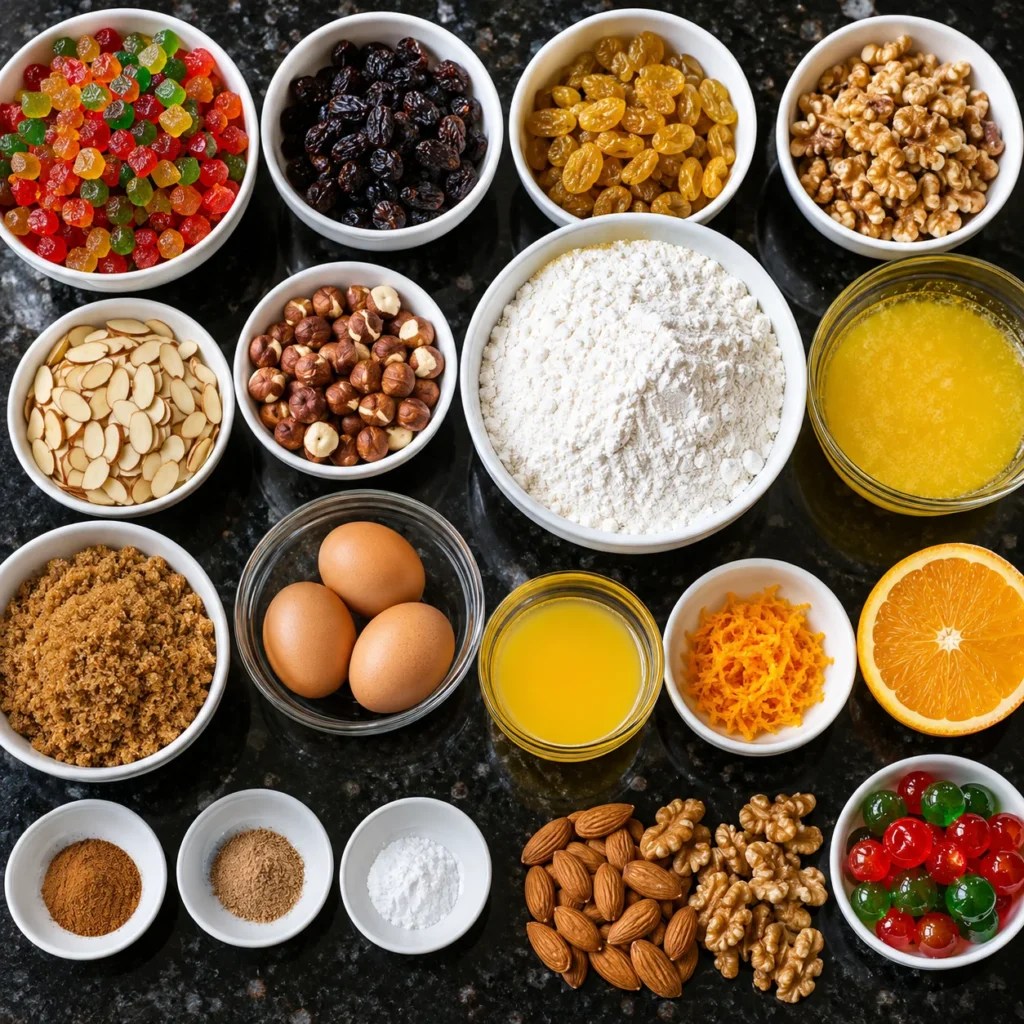 Pastel de Navidad Húmedo y Jugoso: Receta Casera con Frutas y Frutos Secos 2 Ingredientes para pastel de Navidad húmedo y jugoso con frutas confitadas, pasas, nueces, almendras, avellanas y naranja.