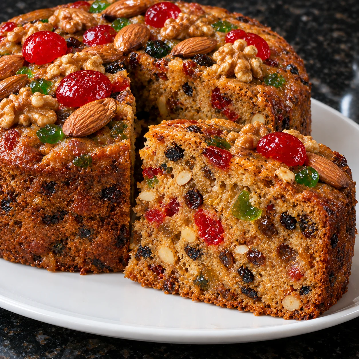 Pastel de Navidad húmedo y jugoso con frutas confitadas, pasas y frutos secos, decorado con almendras, nueces y cerezas confitadas.