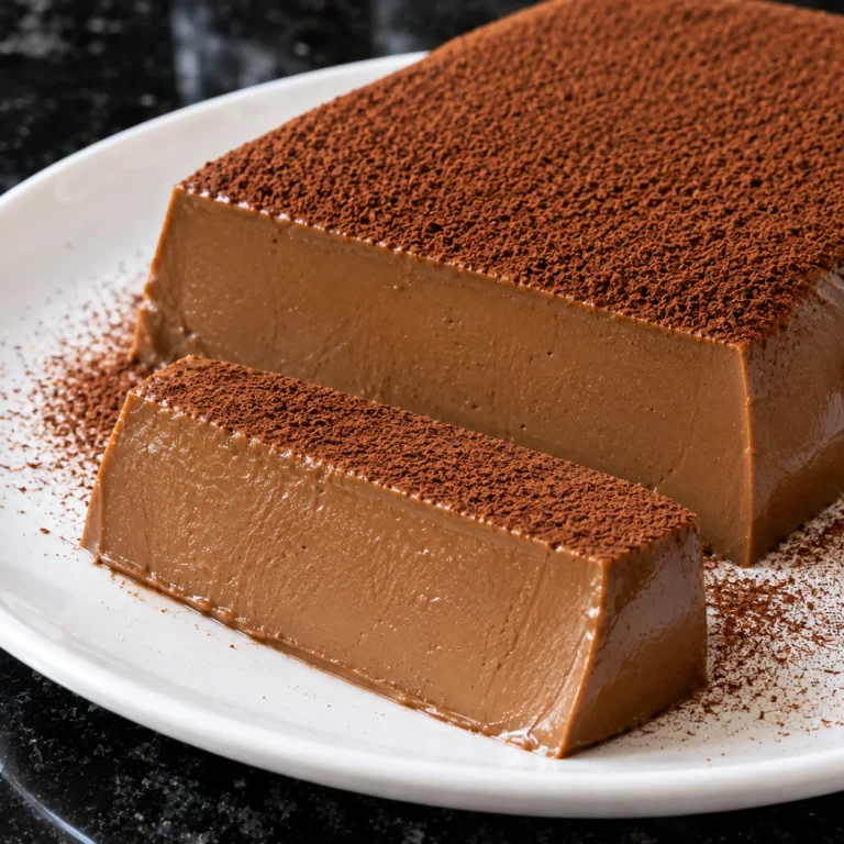 Postre de café el más cremoso del mundo sin horno, con textura suave y cremosa, espolvoreado con cacao sobre un plato blanco.