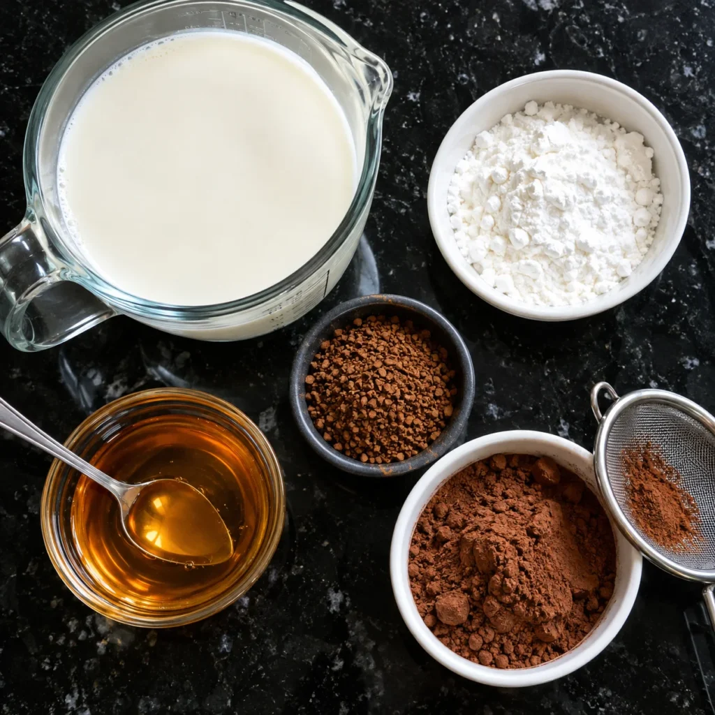 Postre de Café Cremoso sin Horno: Receta Fácil con Solo 4 Ingredientes 2 Ingredientes para preparar el postre de café más cremoso del mundo sin horno con leche, maicena, café soluble, miel y cacao.