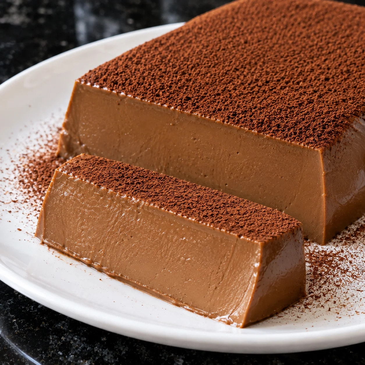 Postre de café el más cremoso del mundo sin horno, con textura suave y cremosa, espolvoreado con cacao sobre un plato blanco.