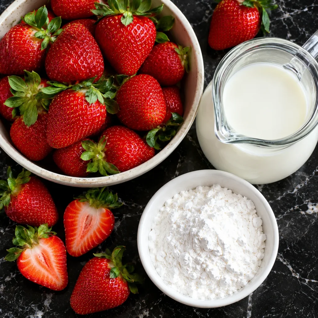 Ingredientes para postre de fresa con tres ingredientes, fresas frescas, leche y maicena.