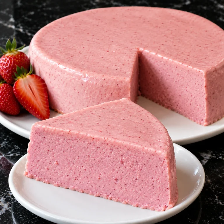 Postre de fresa con tres ingredientes, textura brutal y cremosa, servido en plato blanco con una porción cortada.
