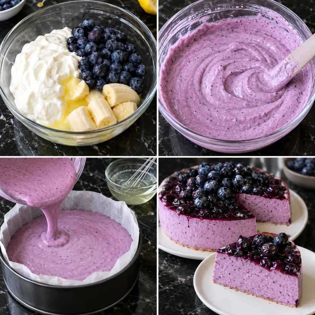 Cheesecake de Arándanos Cremoso sin Horno: Receta Ligera con Yogur Griego 3 Preparación de cheesecake de arándanos cremoso sin horno con yogur griego, plátano, gelatina y salsa de arándanos.