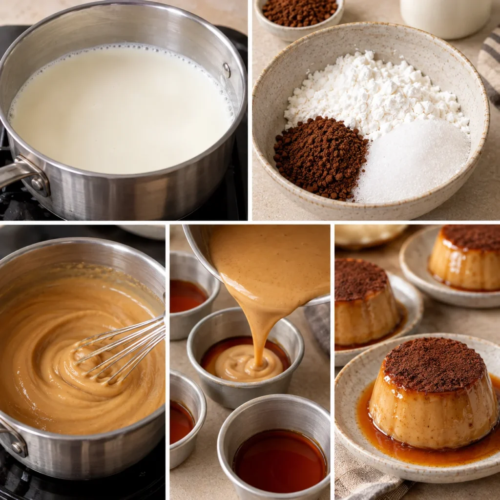 Flan de Café Sin Horno: Receta Cremosa en 10 Minutos 3 Preparación paso a paso de Flan Café Sin Horno con caramelo y cacao