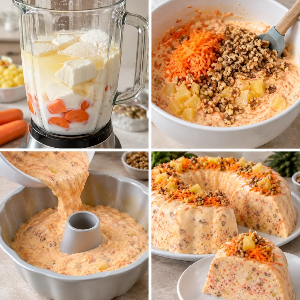 GELATINA 3 LECHES DE ZANAHORIA, PIÑA Y NUEZ - La Receta Viral Cremosa Que No Necesita Horno 3 Preparación de gelatina 3 leches con zanahoria rallada, piña y nuez en molde de rosca.