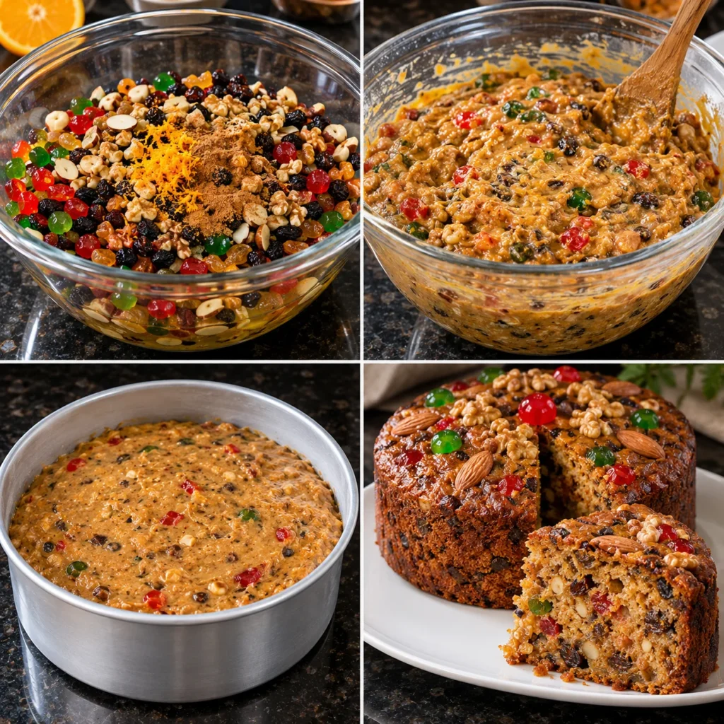 Pastel de Navidad Húmedo y Jugoso: Receta Casera con Frutas y Frutos Secos 3 Preparación del pastel de Navidad húmedo y jugoso con frutas confitadas, pasas y frutos secos en un molde redondo de aluminio.