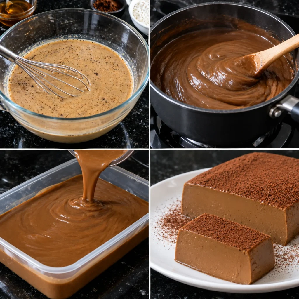 Postre de Café Cremoso sin Horno: Receta Fácil con Solo 4 Ingredientes 3 Preparación del postre de café más cremoso sin horno, desde la mezcla de leche y maicena hasta la crema fría espolvoreada con cacao.