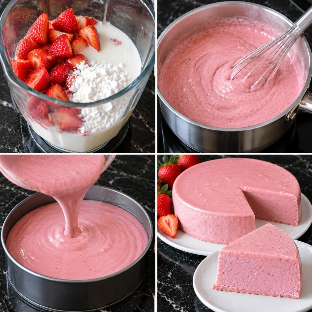Preparación de postre de fresa con tres ingredientes, mezcla de fresas, leche y maicena cocinada hasta obtener una crema espesa.