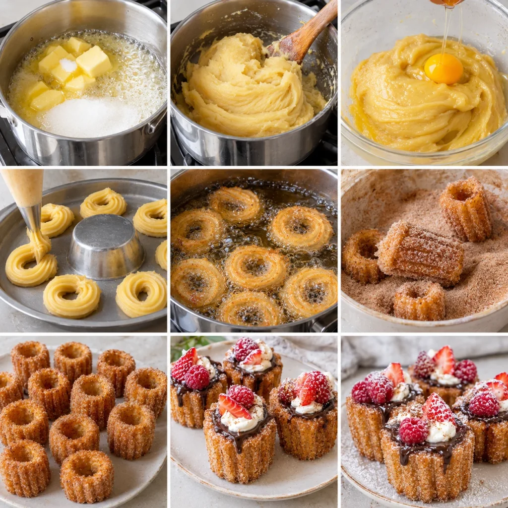 Preparación paso a paso de vasitos tipo churro rellenos